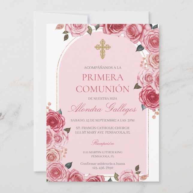 Invitation Bouquet de rose première communion (Devant)