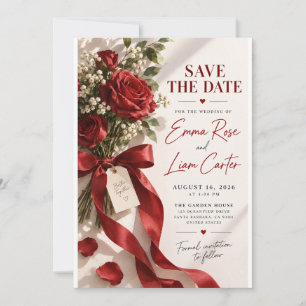 Invitation Bouquet de rose rouge ruban de satin Save the Date