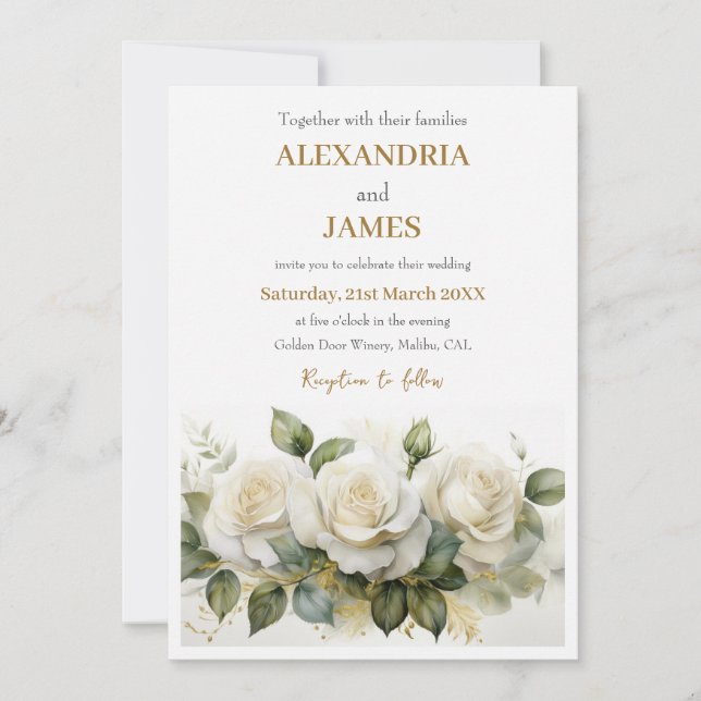 Invitation Bouquet de roses blanches de mariage (Devant)