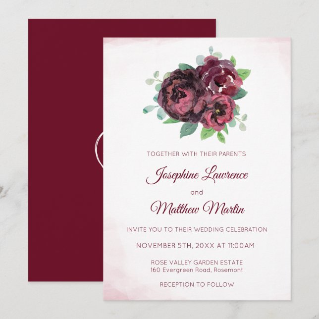 Invitation Bouquet de roses de Bourgogne Monogramme Mariage I (Devant / Derrière)