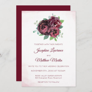 Invitation Bouquet de roses de Bourgogne Monogramme Mariage I
