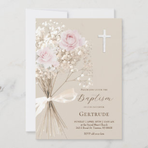 Invitation bouquet de roses délicates et gypsophile Baptême