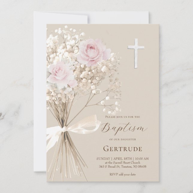 Invitation bouquet de roses délicates et gypsophile Baptême (Devant)