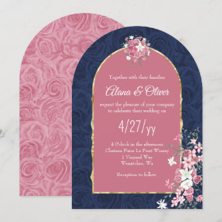 Invitation Bouquet de roses rose et bleu foncé, mariage arqué