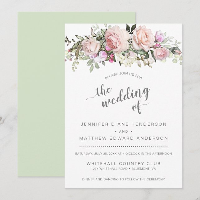 Invitation Bouquet de roses roses blush modernes pour mariage (Devant / Derrière)