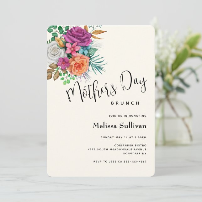 Invitation Bouquet de roses roses, orange et blanches pour la (Debout devant)