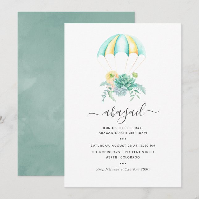 Invitation Bouquet de succulentes florales Parachute Annivers (Devant / Derrière)
