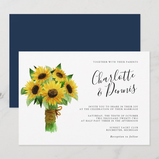 Invitation bouquet de tournesol et bleu marine mariage horizo (Devant / Derrière)