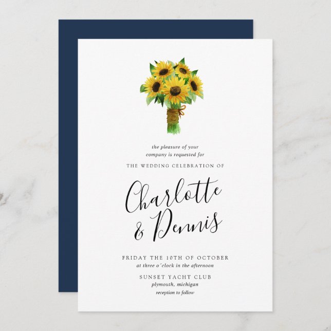 Invitation Bouquet de tournesol et mariage de la marine (Devant / Derrière)