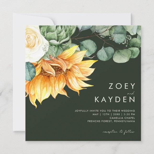 Invitation Bouquet de tournesol | Mariage Carré vert (Devant)