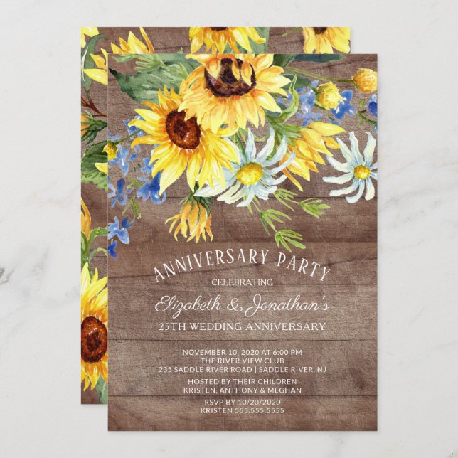 Invitation Bouquet de tournesols rustique pour fête d'anniver (Devant / Derrière)