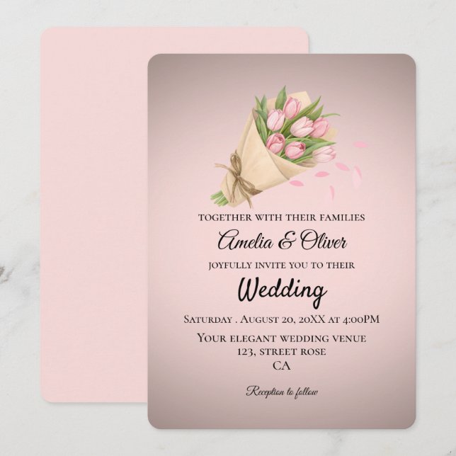Invitation Bouquet de tulipes roses élégantes pour mariage (Devant / Derrière)