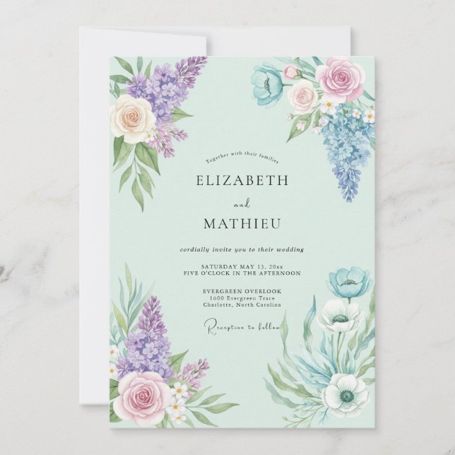 Invitation Bouquet de Violettes Menthe Mariage Eucalyptus (Devant)
