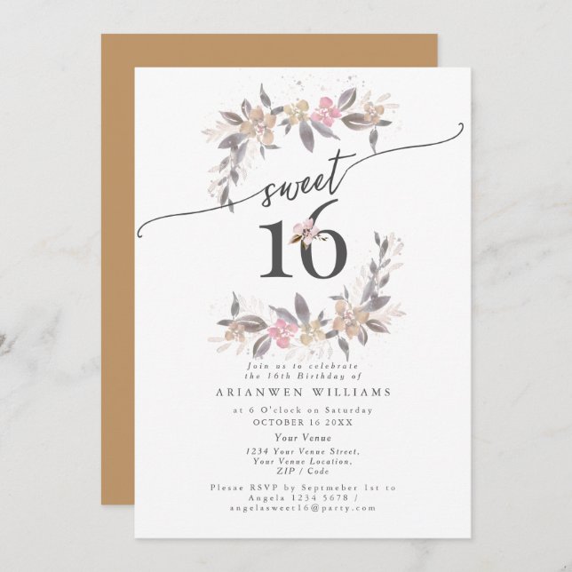 Invitation Bouquet d'or Chute rose Sweet 16 (Devant / Derrière)