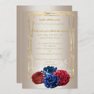 Invitation Bouquet d'or de bronze Elégant Mariage bleu rouge