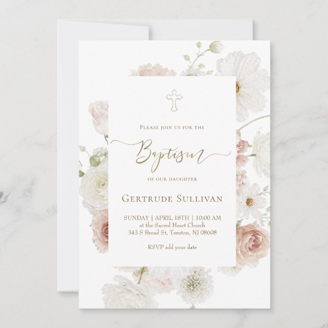 Invitation bouquet élégant aquarelle Baptême (Devant)