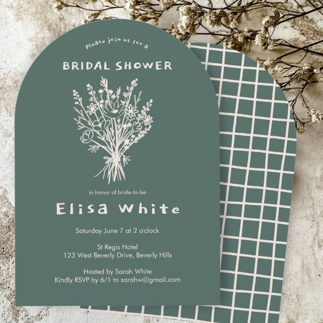 Invitation Bouquet fleur sauvage Arc Rustique Douche Whimsica (Wildflower Bouquet Rustic Arch Olive Green Neutrals Hand-drawn Whimsical Shower Invitation
)