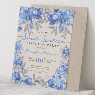Invitation Bouquet Floral Anniversaire 16 Ans Fête Bleu