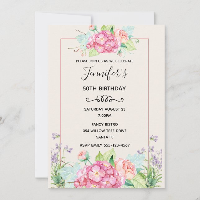 Invitation Bouquet Floral Aquarelle Rose Anniversaire Moderne (Devant)