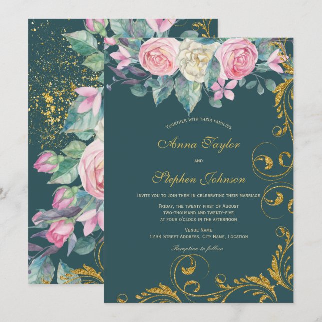 Invitation Bouquet floral avec Faux Gold Parties scintillant (Devant / Derrière)