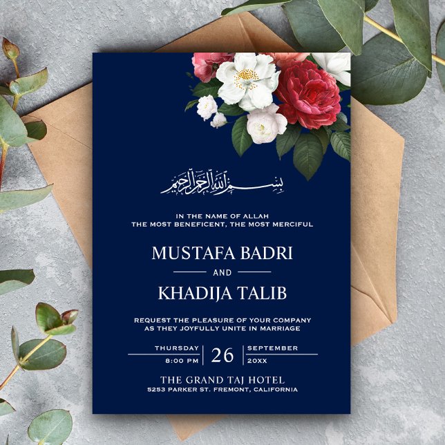 Invitation Bouquet floral bleu foncé Mariage musulman islamiq (Créateur téléchargé)