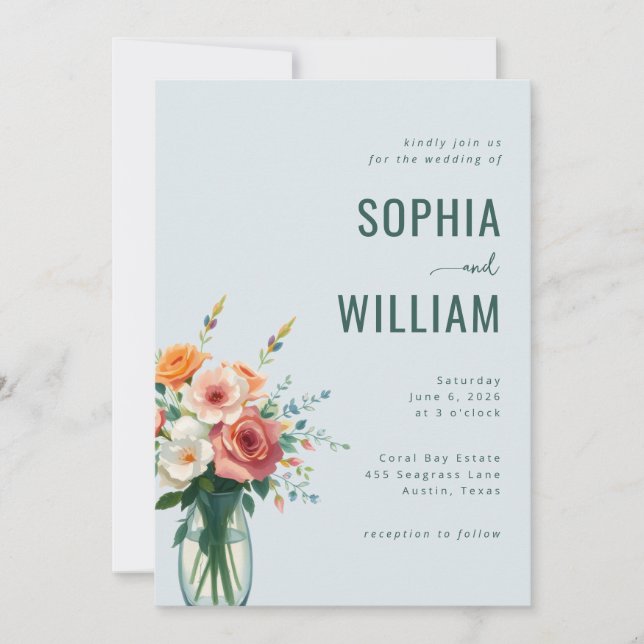Invitation Bouquet Floral Bleu Serein (Devant)