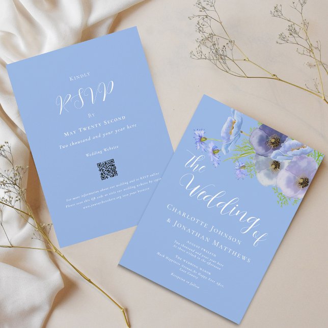 Invitation Bouquet Floral Boho Élégant Code Qr Mariage Bleu (Elegant wildflower bouquet watercolor blue floral wedding qr code invitation)