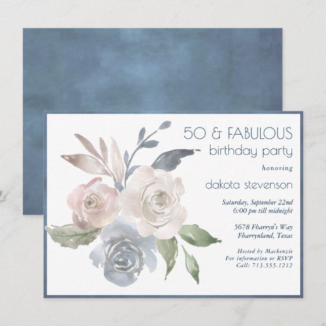 Invitation Bouquet floral bouché | Blue Fabulous 50e annivers (Devant / Derrière)