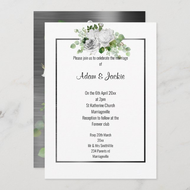 INVITATION BOUQUET FLORAL BRUSHÉ MARIAGE À TRIME NOIR (Devant / Derrière)