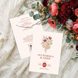 Invitation Bouquet Floral de Corail Rustique Mariage Code QR