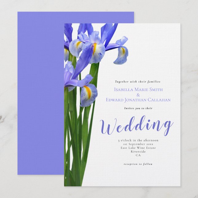 Invitation Bouquet floral de fleurs d'iris bleues modernes po (Devant / Derrière)