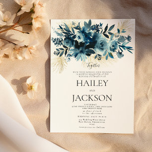 Invitation Bouquet floral de mariage à l'aquarelle indigo or 