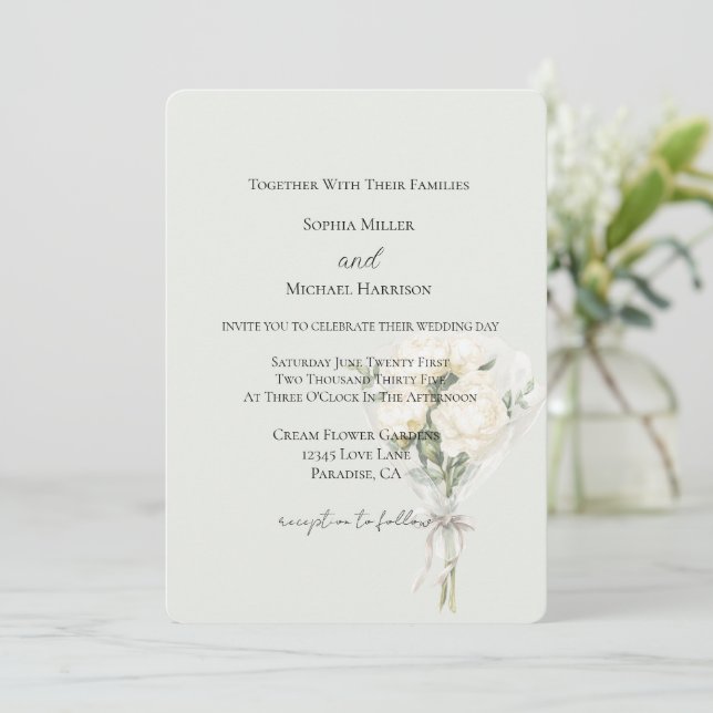 Invitation Bouquet Floral de Roses Blanches Menthe Amour Mari (Debout devant)