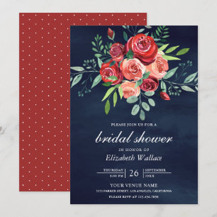 Invitation Bouquet Floral de Roses Rouges Mariage Naval Bleu