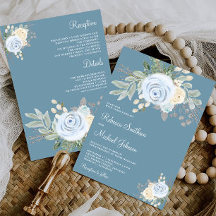 Invitation Bouquet floral doux Dusty Bleu tout en un Mariage