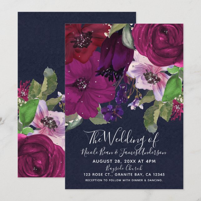 Invitation Bouquet Floral Fuchsia Fruité Élégant Mariage Chic (Devant / Derrière)