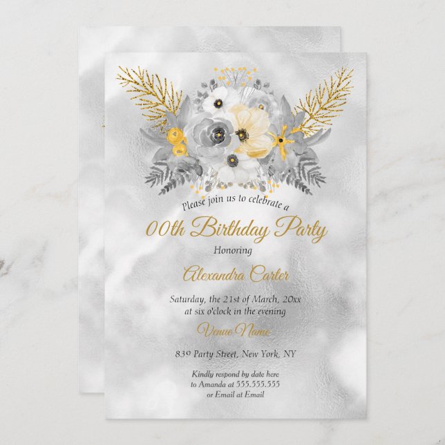 Invitation Bouquet floral gris or jaune fête d'anniversaire (Devant / Derrière)