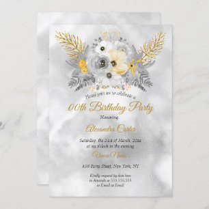 Invitation Bouquet floral gris or jaune fête d'anniversaire