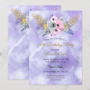 Invitation Bouquet floral or rose couleur or et rose violet F