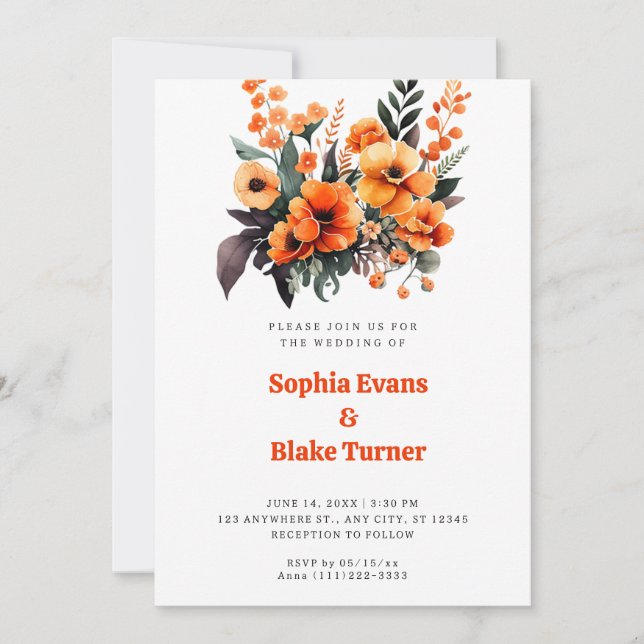 Invitation Bouquet Floral orange et vert Mariage blanc (Devant)