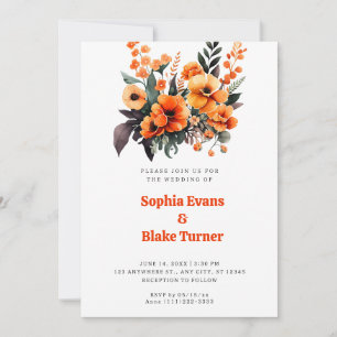 Invitation Bouquet Floral orange et vert Mariage blanc