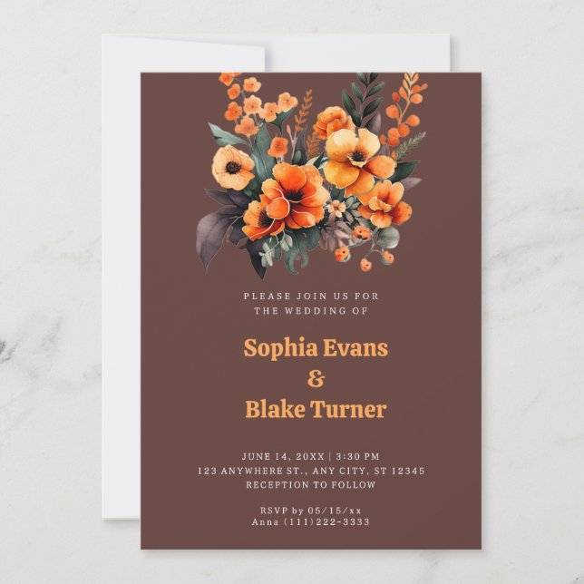 Invitation Bouquet floral orange et vert Mariage marron (Devant)