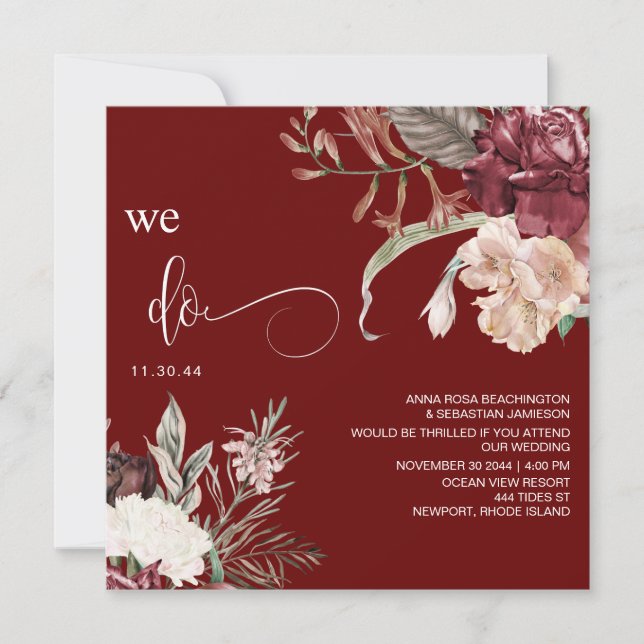Invitation *~* Bouquet Floral QR AR15 RSVP BURGANDY MARIAGE (Devant)