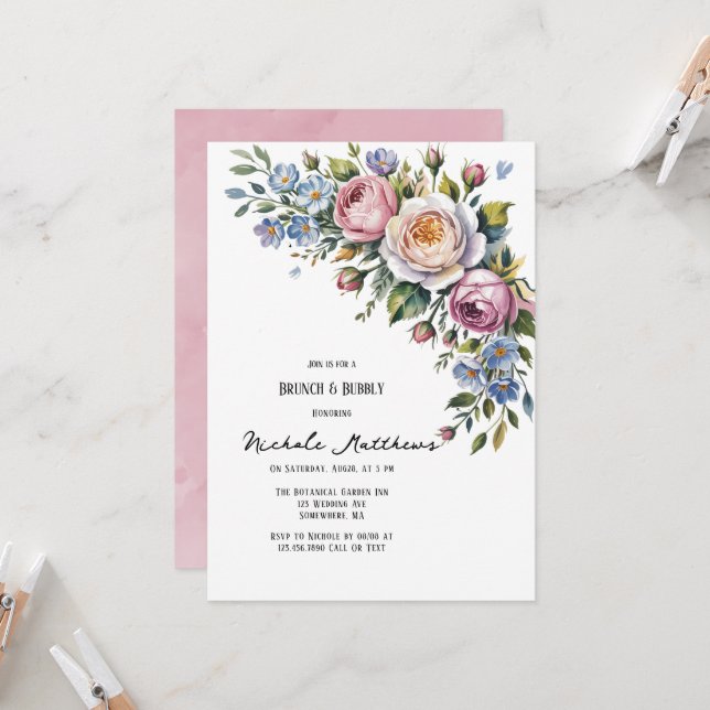 Invitation Bouquet floral romantique Brunch & Bubbly (Devant/Arrière en situation)