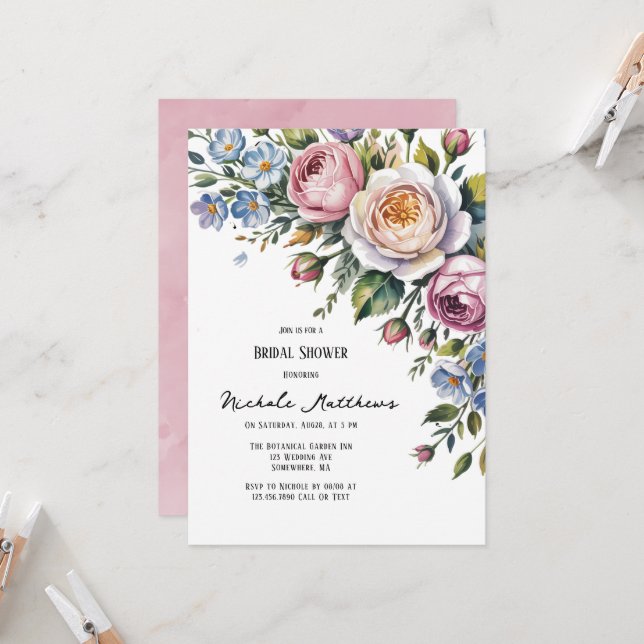 Invitation Bouquet floral romantique Brunch & Bubbly (Devant/Arrière en situation)