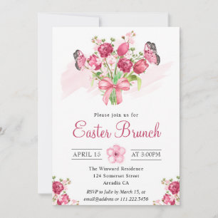 Invitation Bouquet floral rose et papillons brunch de Pâques