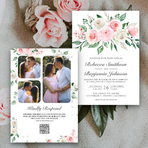 Invitation Bouquet floral rose pâle QR Code Mariage