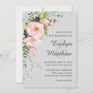 Invitation Bouquet floral rose pâle sur Mariage gris