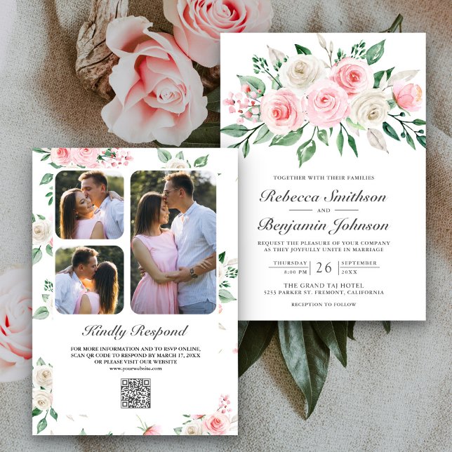 Invitation Bouquet floral rose poudré Code QR Mariage (Créateur téléchargé)
