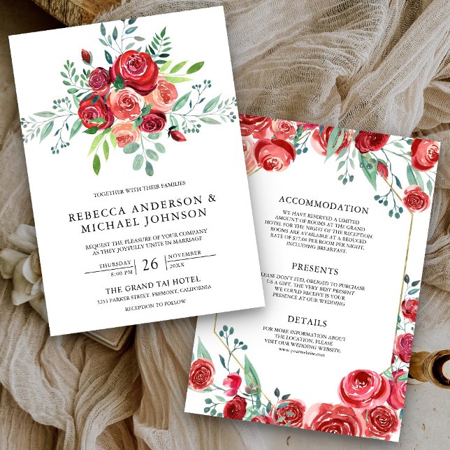 Invitation Bouquet Floral Roses rouges tout en un Mariage (Créateur téléchargé)